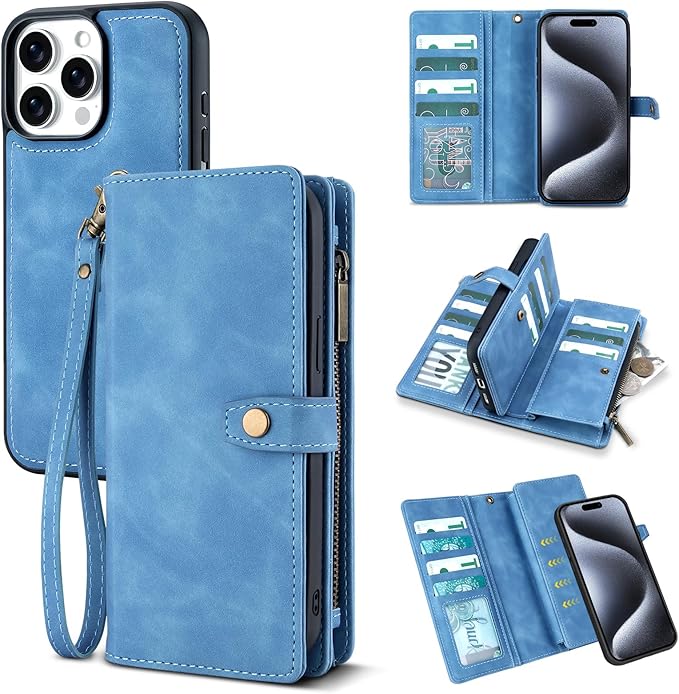 TwoHead Wallet Case Compatible with iPhone 15 Pro,Detachable Magnetic Phone Case,All-Round Protective Leather Phone Case with Card Holder,6.1 in,Sky Blue