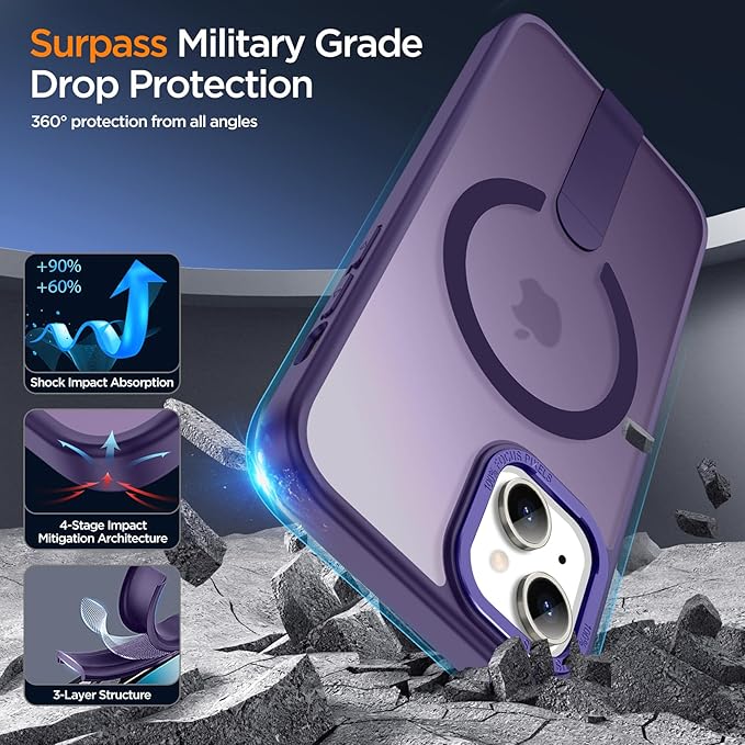 for iPhone 13 Case with Kickstand, [Invisible Stand] Compatible with MagSafe, Anti-Slip Shockproof Military-Grade Protection, Magnetic Slim Translucent Phone Case for iPhone 13 (Purple)