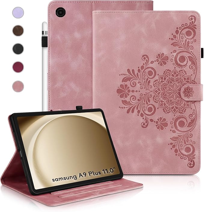 Case for Galaxy Tab A9+ Case 11 Inch, Retro Samsung Galaxy Tab A9 Plus Cover SM-X210/215 with Carved Flap, Magnetic Buckles Design, Stand Function Pink