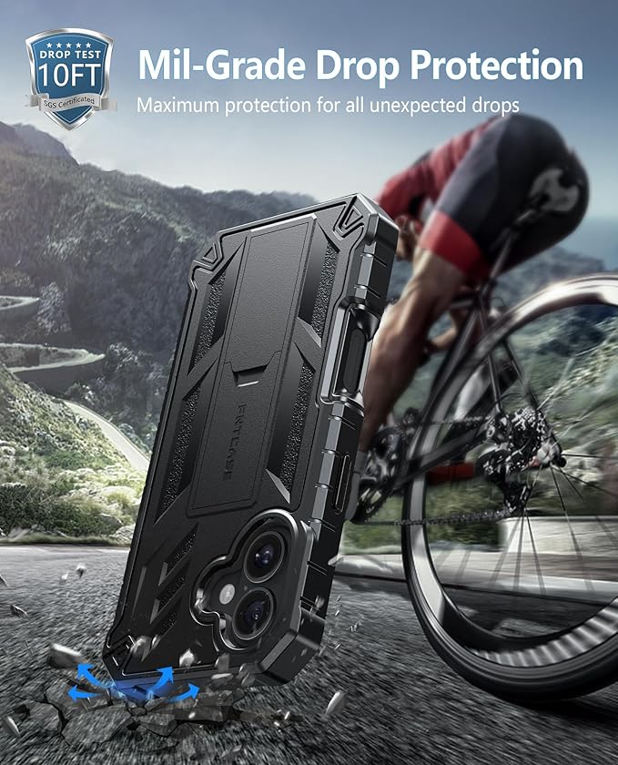 FNTCASE for iPhone 16 Phone Case: for iPhone 16 case with Kickstand Shockproof Military Grade Protective Cover - Dual Layer Full Protection Sturdy Matte Textured Drop Proof - 6.1 Inch Black