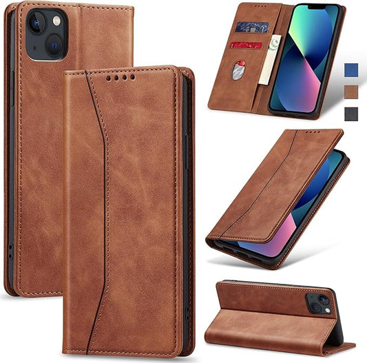 Jasonyu Flip Wallet Case for iPhone 13,Leather Magnetic Folio Cover with Card Holder,Kickstand - TPU Shockproof Durable Protective Phone Case,Brown
