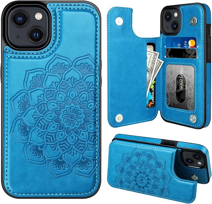 MMHUO for iPhone 14 Case with Card Holder, Flower Magnetic Back Flip Case for iPhone 14 Wallet Case for Women, Protective Case Phone Case for iPhone 14,Blue