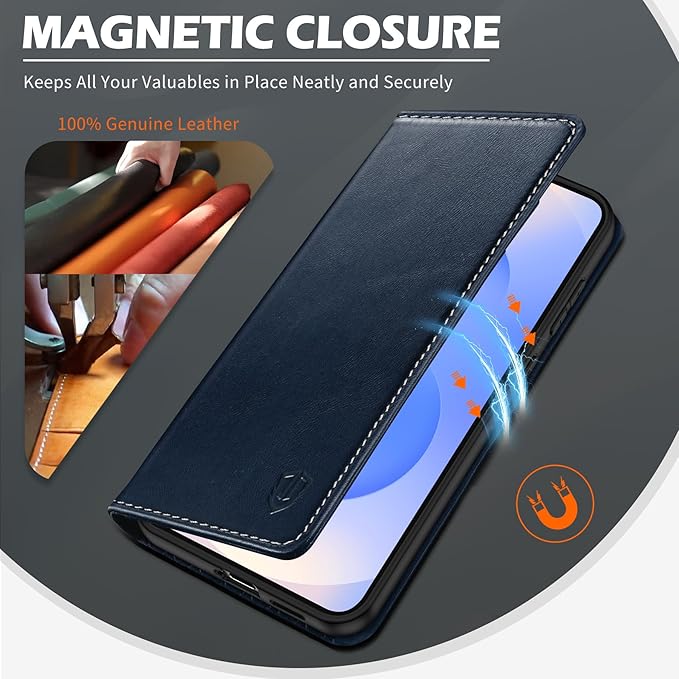 SHIELDON Case for Galaxy S25 FE 6.7", Genuine Leather Wallet Flip Book Case RFID Blocking Card Holder Kickstand Shock Absorbing Protective Case Compatible with Galaxy S25 FE 2025 5G - Retro Dark Blue