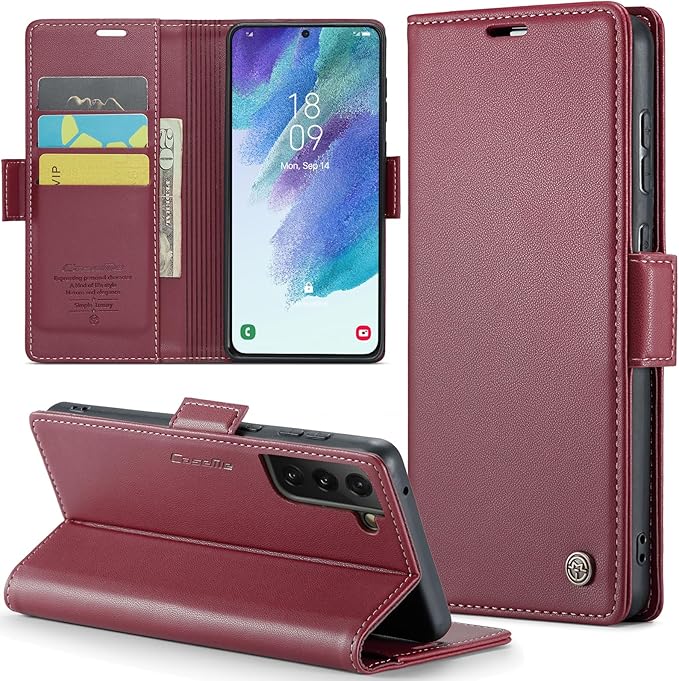 Case for Samsung Galaxy S21 FE Wallet Case, RFID Blocking PU Leather Flip Folio Cover Card Holder Kickstand Shockproof Phone Case Compatible with Samsung Galaxy S21 FE, Red