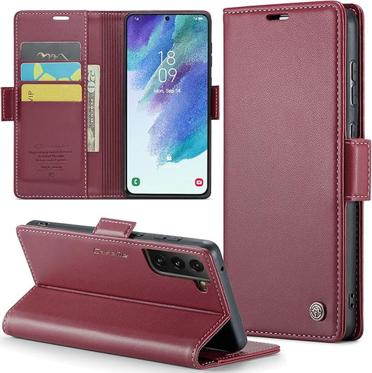 Case for Samsung Galaxy S21 FE Wallet Case, RFID Blocking PU Leather Flip Folio Cover Card Holder Kickstand Shockproof Phone Case Compatible with Samsung Galaxy S21 FE, Red