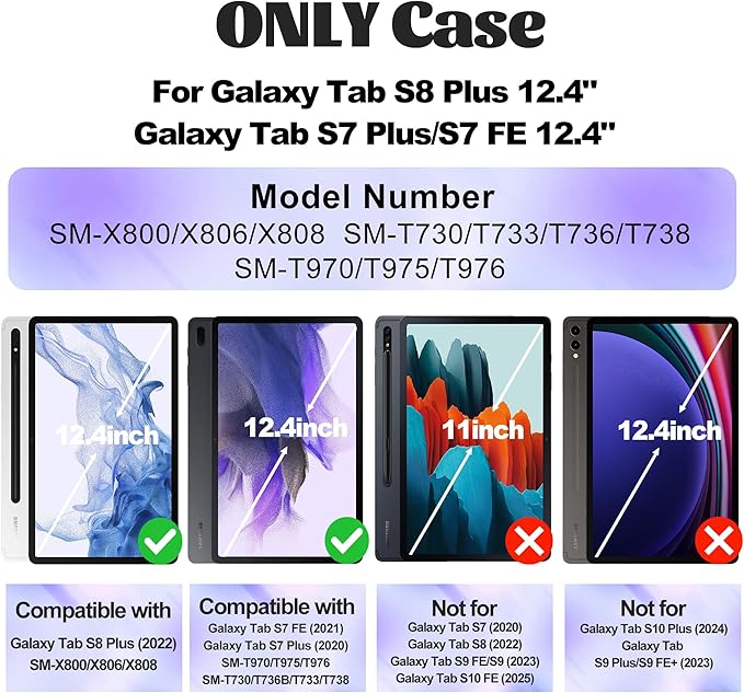 Tablet Case for Samsung Galaxy Tab S8 Plus/S7 FE/S7 Plus 12.4", [Shockproof] with Tempered Glass Screen Protector, Rotating Kickstand/Hand & Shoulder Strap/S Pen Holder (Purple)