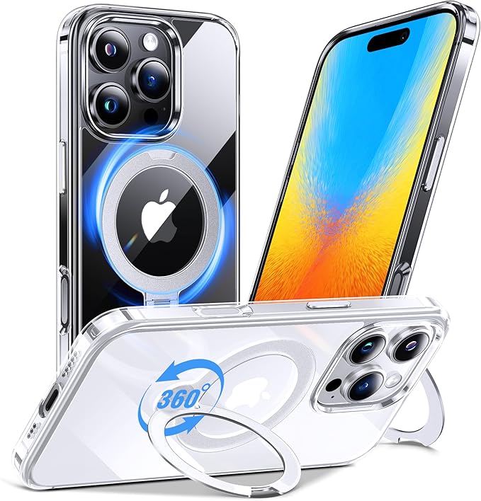 Anqrp 360° All-in-ONE Crystal Clear Case for iPhone 16 Pro Max with Rotatable Magnetic Stand, Compatible with MagSafe, Anti-Yellowing Transparent MIL-Grade Shockproof Phone Case for iPhone 16 Pro Max