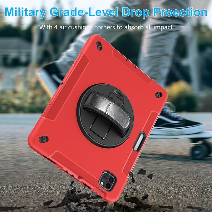 Case for iPad Pro 11 Inch 2022/2021/ 2020/2018: Cover for iPad 11 Inch 4th/ 3rd/ 2nd/ 1st Generation with Screen Protector- Stand- Handle- Shoulder Strap- Pencil Holder Red