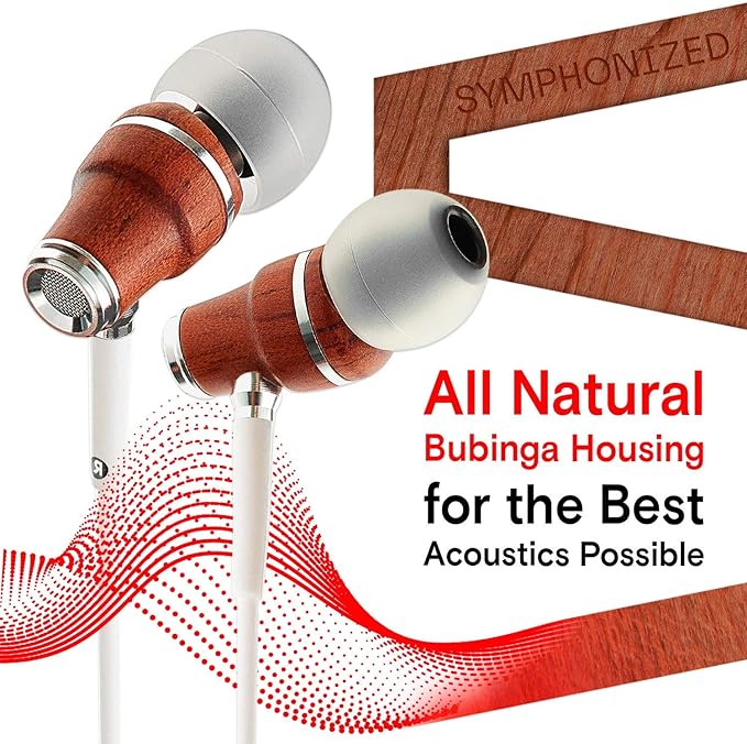 Symphonized Wired Earbuds with Microphone 3.5mm — Noise Isolating Headphones with Wire, Earphones Wired, Headphones with Microphone for Computer, Ear Phones Android Electronics, Natural Wood (White)