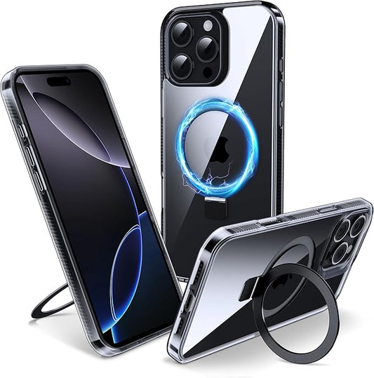 Magnetic Case for iPhone 16 Pro - [Built-in Invisible Stand] [Compatible with MagSafe] [Military Grade Drop Protection] Anti-Yellowing Hard Back Silicone Edge Cover, 6.3", Clear Black