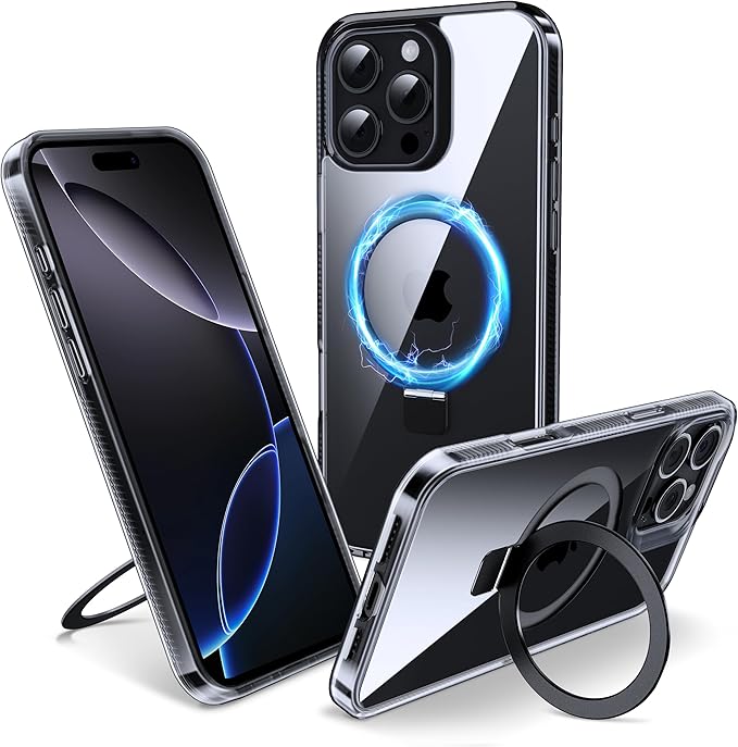 Magnetic Case for iPhone 16 Pro Max - [Built-in Invisible Stand] [Compatible with MagSafe] [Military Grade Drop Protection] Anti-Yellowing Hard Back Silicone Edge Cover, 6.9", Clear Black