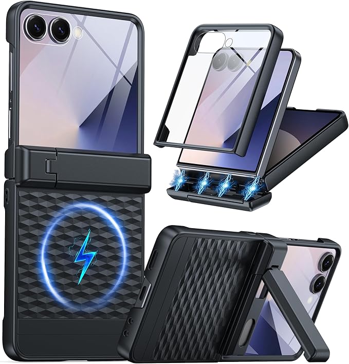 Magnetic for Samsung Galaxy Z Flip 7 Case [Hinge Protection＆Kickstand][Compatible with MagSafe][Built-in Screen Protector] Full-Body Military Protection Phone Case for Samsung Z Flip 7 Black
