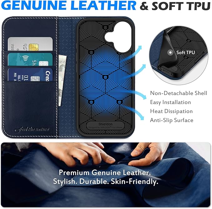 SHIELDON Real Leather Wallet Case for iPhone 17 6.3-inch 2025 | Magnetic Closure | RFID Blocking Card Slot | Kickstand | Shock-Absorbent | Soft Interior Phone Cover | Retro Dark Blue