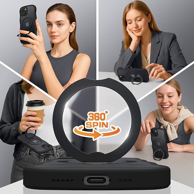 GolbinBox for iPhone 15 Case for Women,[Compatible with Magsafe][360° Spin Magnetic Stand][Cute Wave Edge][Military-Grade Protection] Translucent Matte Phone Case for iPhone 15, Black