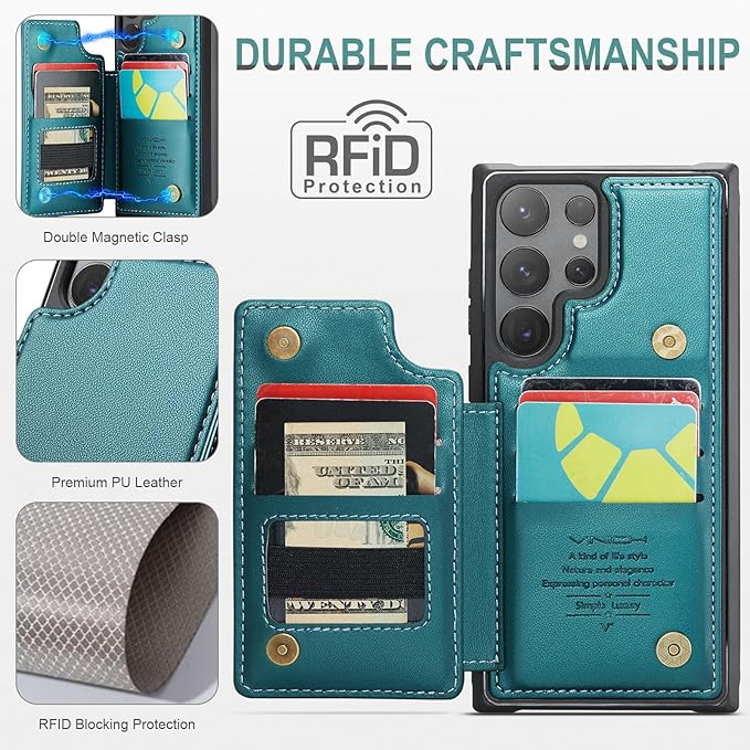 Vinich for Samsung Galaxy S24 Ultra Wallet Case with Card Holder, RFID Blocking Credit Slots Kickstand Shockproof Phone Cover for Women Men, Bluish Green