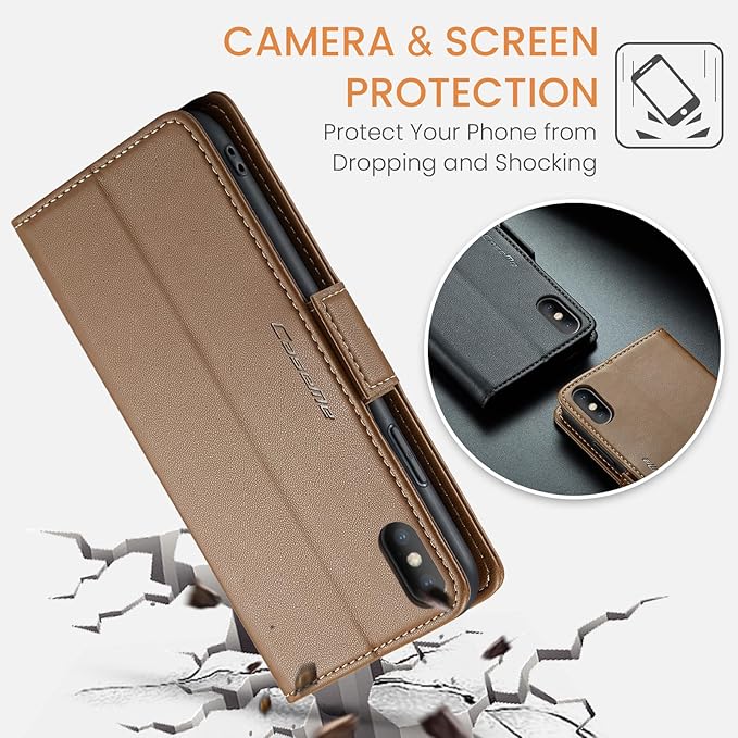 for iPhone Xs Max Case, Premium PU Leather Wallet Case Flip Cover with [RFID Blocking][Card Holder][Stand Function] Shockproof Protective for iPhone Xs Max 6.5", Brown