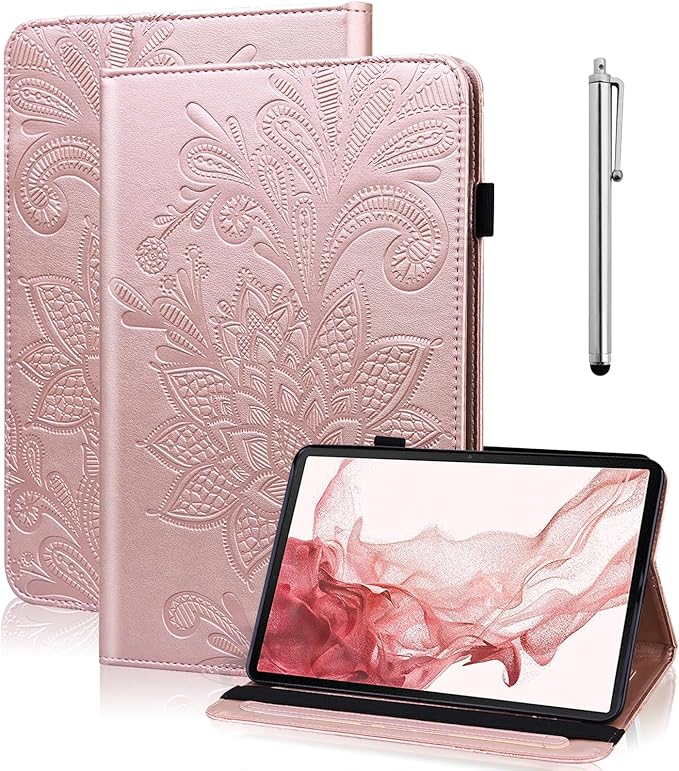 Case for Lenovo Tab M9 9 inch (TB-310FU), Embossed Lace PU Leather Flip Folio Protective Tablet Case with Elastic Band Card Slots Pen Holder, Multi-Angle Viewing Stand Cover - Rose Gold