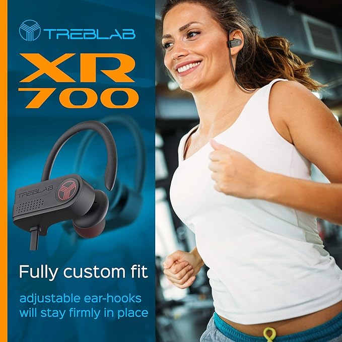 TREBLAB XR700 Wireless Earbuds - Bluetooth 5.0, IPX7 Waterproof, Noise Cancelling, Adjustable Earhooks, 9H Battery, Deep Bass, Mic - Sports Running Headphones for Workouts, Gym, Travel