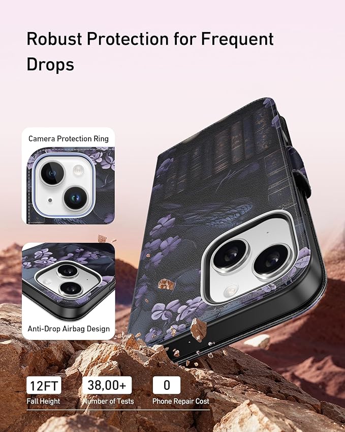 DEENAKIN for iPhone 15 Plus Wallet Case with Card Holder + Cash Clip, RFID-Blocking, Military-Grade Drop Protection, Magnetic Closure with Leather Kickstand - Purple Floral & Raven