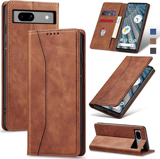 Jasonyu Flip Wallet Case for Google Pixel 7A,Leather Magnetic Folio Cover with Card Holder,Kickstand - TPU Shockproof Durable Protective Phone Case,Brown