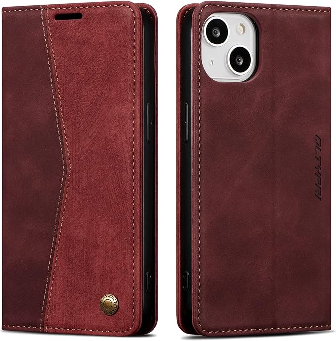 QLTYPRI Case for iPhone 14, Vintage PU Leather Wallet Case Card Slot Kickstand Magnetic Closure Shockproof Flip Folio Book Case Cover for iPhone 14(6.1 inch) - Retro Wine Red
