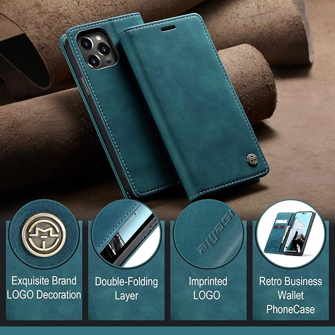for iPhone 14 Pro Case, Flip Wallet Leather Case with Card Holder Magnetic Closure Shockproof Kickstand Protective Phone Cases Cover for iPhone 14 Pro, Blue-Green