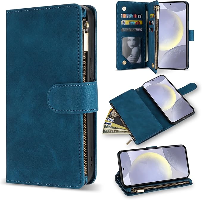 ZZXX for Samsung Galaxy S24 Plus Wallet Case with RFID Blocking Card Slot PU Leather Zipper Flip Folio with Strap Kickstand Protective Cover for Samsung Galaxy S24+ Case Wallet(Blue-6.7 inch)