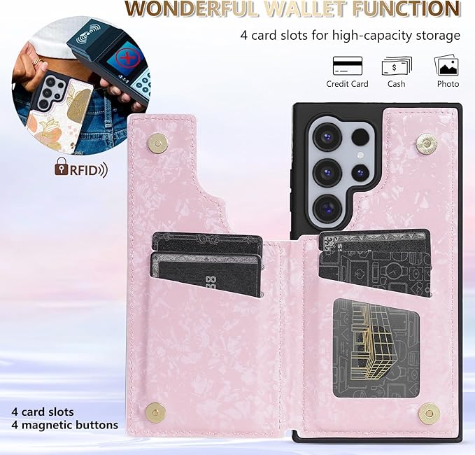 NNH Compatible with Samsung Galaxy S25 Ultra Wallet Case with RFID Blocking Card Slots Folio Flip PU Leather Double Magnetic Clasp Design Cover for Galaxy S25 Ultra(6.8 inch-Morandi Line Flower)