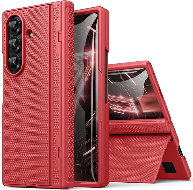 for Samsung Galaxy Z Fold 7 Case with Stand, Front Screen Protector, Hinge Protection, Slim & Rugged, Full Body Hard Cover, Drop Protective Phone Case for Samsung Z Fold 7 5g 2025, Vermilion Red