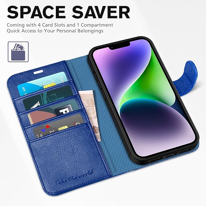 TUCCH Wallet Case for iPhone 14 6.1", Flip PU Leather Magnetic Protective Cover with [RFID Blocking] [4 Card Slots] Stand [TPU Interior Case] Compatible with iPhone 14 6.1, Klein Blue