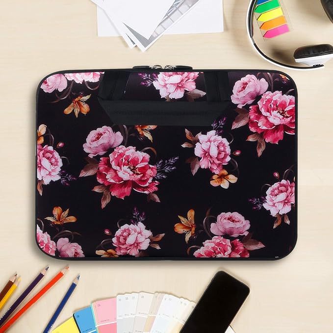 Violet Mist 11 11.6 12 Inch Laptop Sleeve Funny Floral Pattern Laptop Carrying Bag Case with Handle Cute Protective Neoprene Notebook Tablet Computer Travel Cover Pouch Briefcase, Black Peony