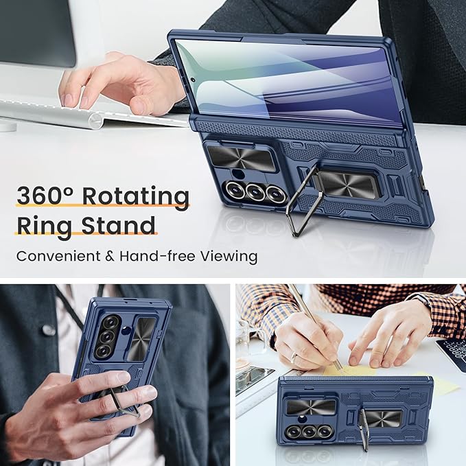 VEGO for Samsung Fold 7 Case with Hinge Protection & Slide Camera Cover [360°Rotating Ring Stand][Screen Protector] Heavy Duty Shockproof Protective Hard Case for Samsung Z Fold 7 5G 2025 - Blue