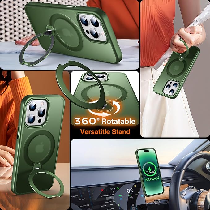 360° O-Ring MagStander for iPhone 14 Pro Case with Magnetic Kickstand Ring Holder [Compatible with MagSafe][360°Rotate Stand Ring][Military Shockproof] iPhone 14 Pro Phone Cover Matte Green