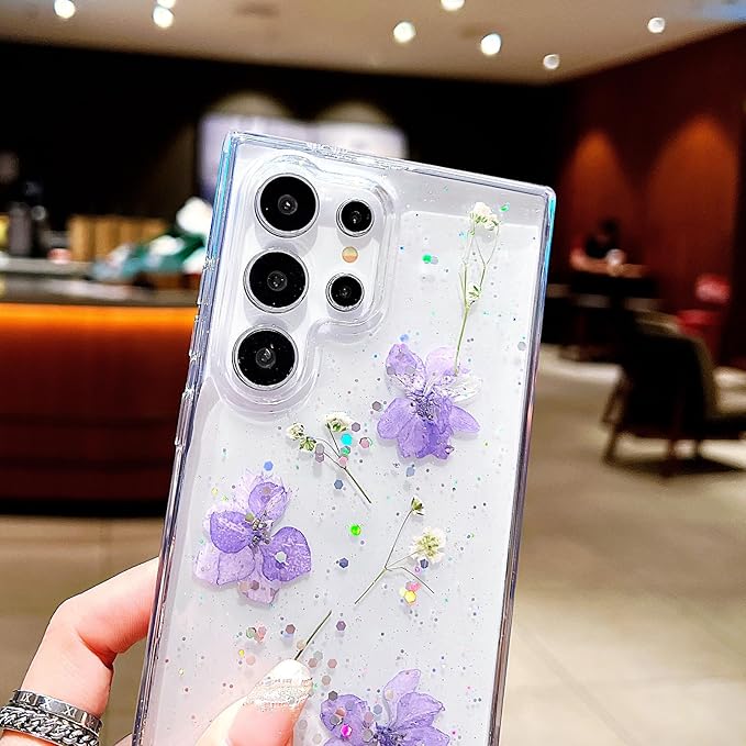Compatible with Samsung Galaxy S23 Ultra Case Cute Pressed Dried Real Flowers Design Women Girly Shockproof Hard PC+ TPU Bumper Floral Phone Cover for Galaxy S23 Ultra (Light Purple)