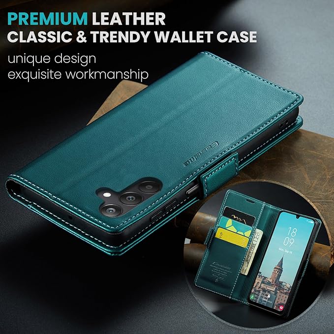 for Samsung Galaxy A25 5G Case, Premium PU Leather Wallet Case Flip Cover with [RFID Blocking][Card Holder][Stand Function] Shockproof Protective for Samsung Galaxy A25, Blue-Green
