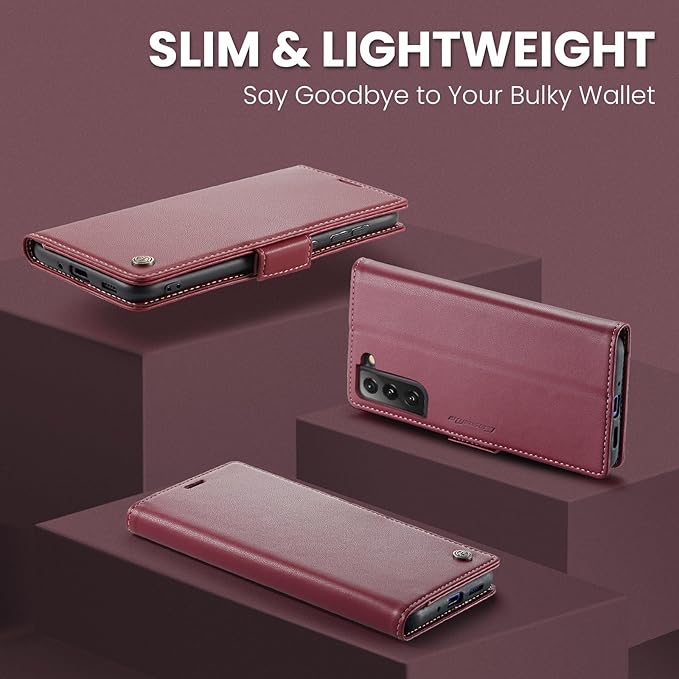 AUPAI for Samsung Galaxy S21 FE Wallet Case with Credit Card Holder, PU Leather RFID Blocking Folio Flip Kickstand Magnetic Clasp Protective Phone Cover for Women Men Wine Red