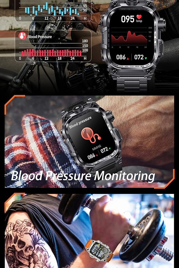 Tough Smart Watch for Working Men with Flashlight, 2.01" HD Ultra Large Rugged Smartwatch Bluetooth Call/Heart Rate/Sleep Monitor Hiking Camping Fitness Track Watches