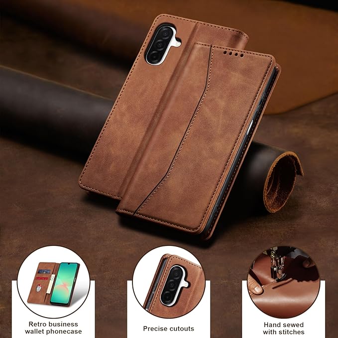 Jasonyu Flip Wallet Case for Samsung Galaxy A26 5G,Leather Magnetic Folio Cover with Card Holder,Kickstand - TPU Shockproof Durable Protective Phone Case,Brown