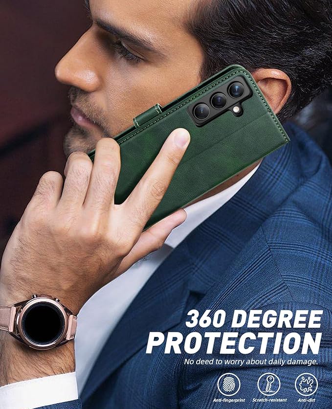 OCASE Compatible with Galaxy S24 5G Wallet Case, PU Leather Flip Folio Case with Card Holders RFID Blocking Kickstand [Shockproof TPU Inner Shell] Phone Cover (2024), Blackish Green