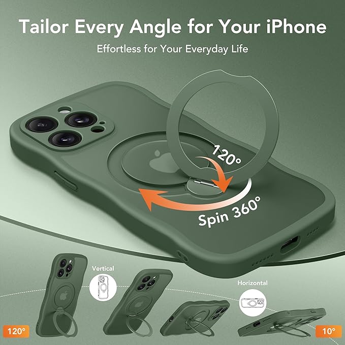 GolbinBox for iPhone 14 Pro Case for Women,[Compatible with Magsafe][360° Spin Magnetic Stand][Cute Wave Edge][Military-Grade Protection] Translucent Matte Phone Case for iPhone 14 Pro, Green