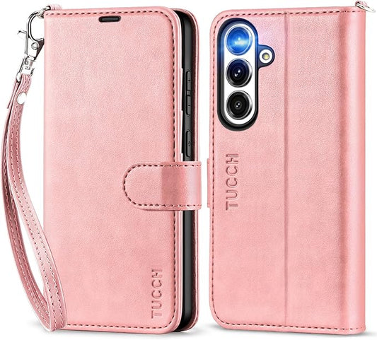 TUCCH Case Wallet for Galaxy S25 Plus, [Wrist Strap] Magnetic PU Leather Stand [RFID Blocking] Card Slot with [TPU Shockproof Interior Case] Compatible with Galaxy S25 Plus, Rose Gold with Wristlet