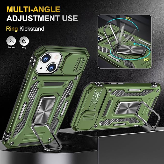 Case for iPhone 14 Phone Case iPhone 14 Case with Kickstand Ring Holder, with Camera Cover, with Magnetic Car Mount Function, for iPhone 14 (Olive Green)