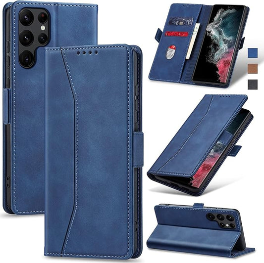 Jasonyu Flip Wallet Case for Samsung Galaxy S22 Ultra 5G,Leather Magnetic Folio Cover with Card Holder,Kickstand - TPU Shockproof Durable Protective Phone Case,Blue
