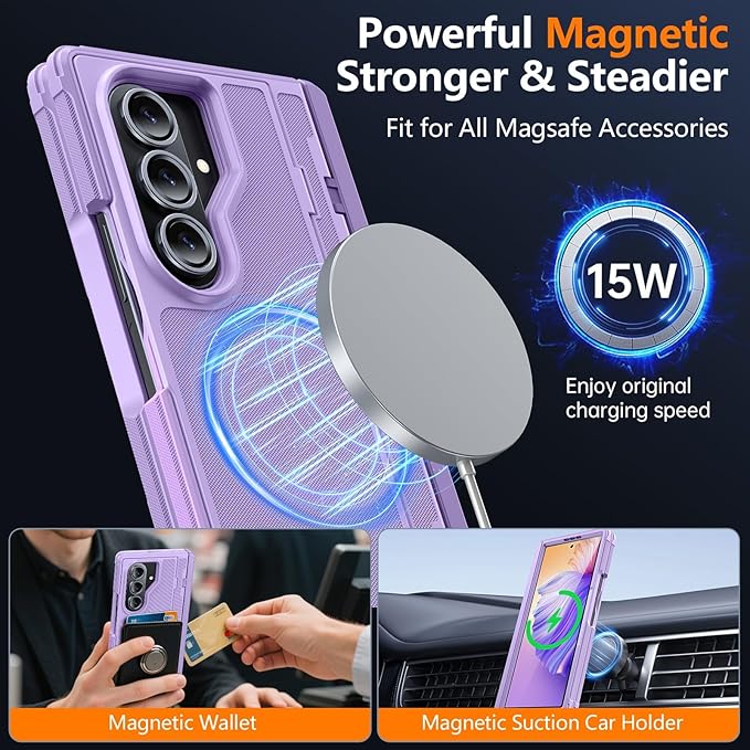 Oterkin Magnetic for Samsung Galaxy Fold 7 Case Built-in Screen Protector [Kickstand][Fit for MagSafe][Hinge Protection & Thinner S Pen Holder] Full Body Shockproof Phone Case for Z Fold 7, Purple