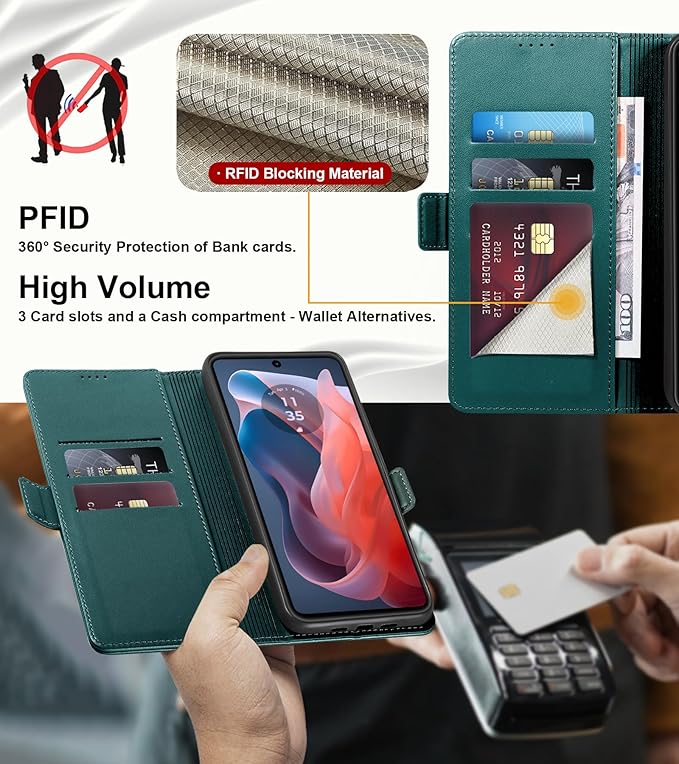 Wallet Flip Case for Moto G Play (2024) - [RFID Blocking] Luxury PU Leather Card Holder Magnetic Phone Cover with Kickstand,Shockproof Protective Case,Green