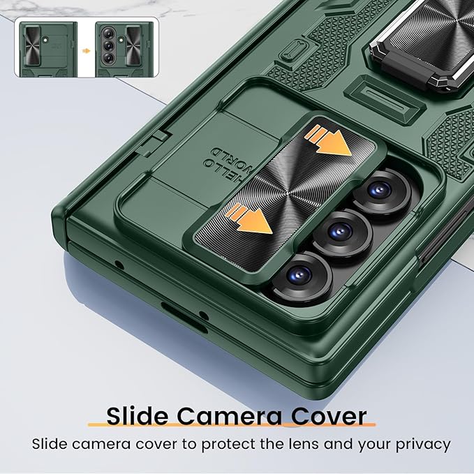 VEGO Case for Z Fold 7 with Kickstand[Slide Camera Cover][Built-in Screen Protector][Hinge Protection] Full-Body Military Grade Shockproof Anti-Fall Protective Hard Case for Samsung Fold7 5G-Green