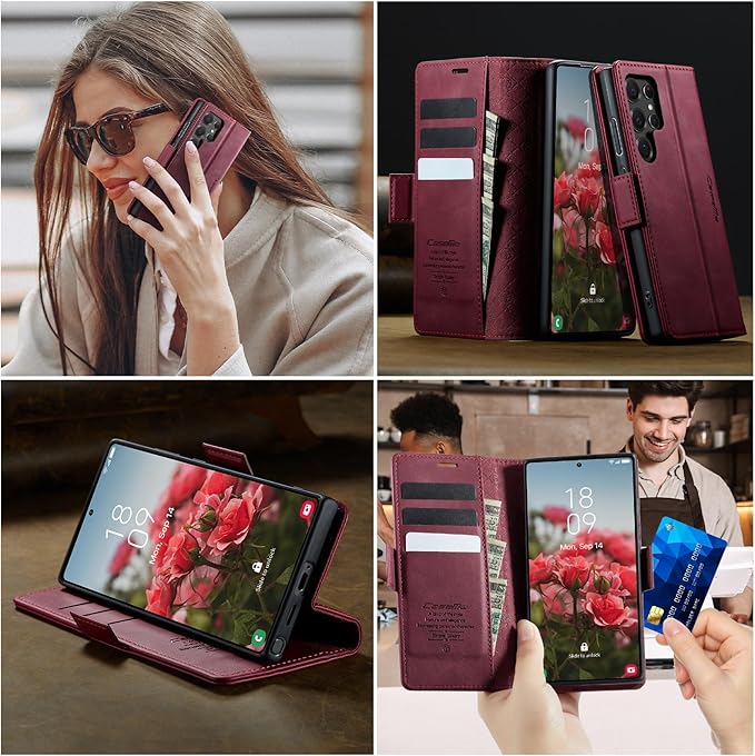 Wallet Case for Samsung Galaxy S22 Ultra Leather Wallet Flip Cover with Card Holder, Kickstand, Magnetic Closure, RFID Blocking TPU Shockproof Phone Case Compatible with S22 Ultra, Red