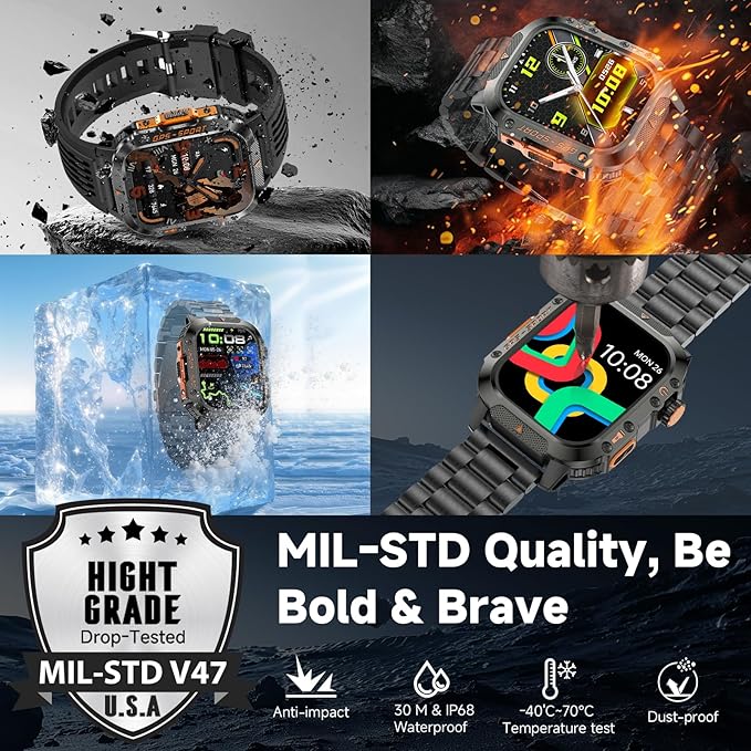 GPS Smart Watch for Men (Answer/Make Calls), 2.01'' Military Rugged Smartwatches for Android iPhone Fitness Tracker with Compass/10 Days Battery/Heart Rate/Sleep/100+ Sport Modes(2 Straps)