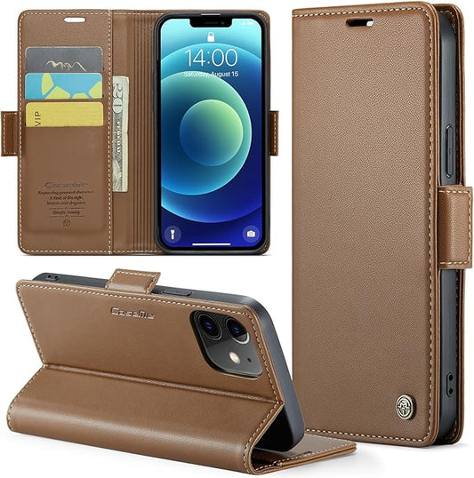 for iPhone 12/12 Pro Case, Premium PU Leather Wallet Case Flip Cover with [RFID Blocking][Card Holder][Stand Function] Shockproof Protective for iPhone 12 Pro/12, Brown