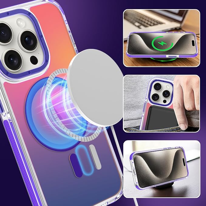MOWIME Magnetic Case for iPhone 15 Pro [Compatible with Magsafe] [Cute Fashion Fluorescent Design] [1 Screen Protector] Slim Translucent Matte Case for iPhone 15 Pro 6.1" 2023, Purple